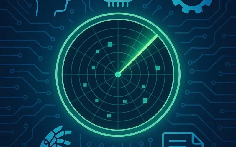 Radar digital representando ferramentas ocultas de IA