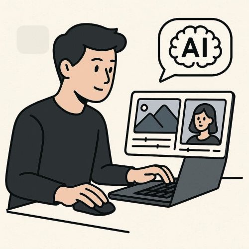 Pequeno criador digital usando computador com Stable Diffusion IA para gerar imagens