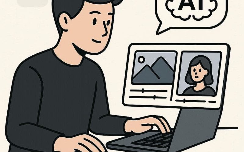 Pequeno criador digital usando computador com Stable Diffusion IA para gerar imagens