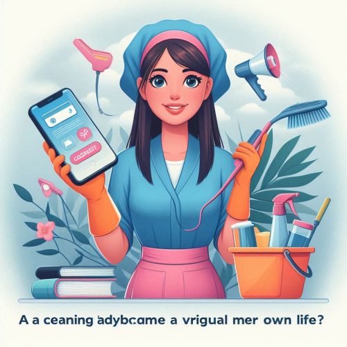 Mulher com uniforme de faxina sorrindo enquanto usa o celular, simbolizando a transformação profissional com ajuda da inteligência artificial.