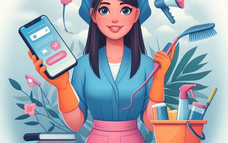 Mulher com uniforme de faxina sorrindo enquanto usa o celular, simbolizando a transformação profissional com ajuda da inteligência artificial.