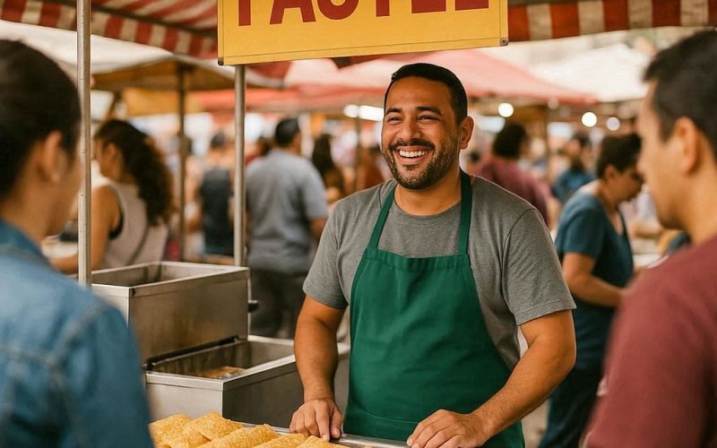 Vendedor de pastel em uma feira livre movimentada, simbolizando o uso da automação para aumentar as vendas.