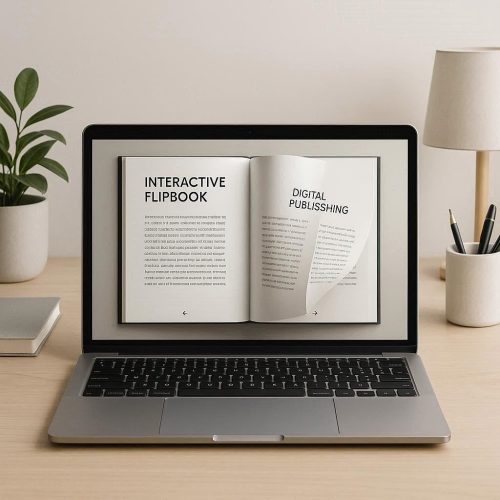 Interface de flipbook interativo aberta em um laptop moderno