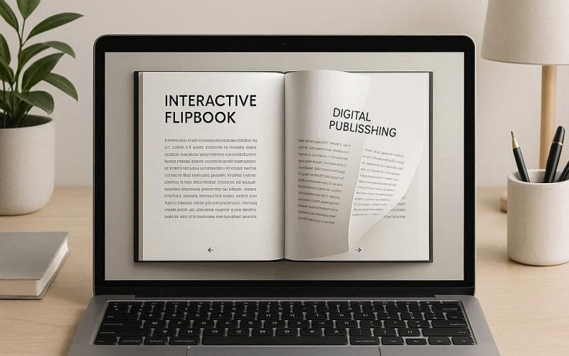 Interface de flipbook interativo aberta em um laptop moderno