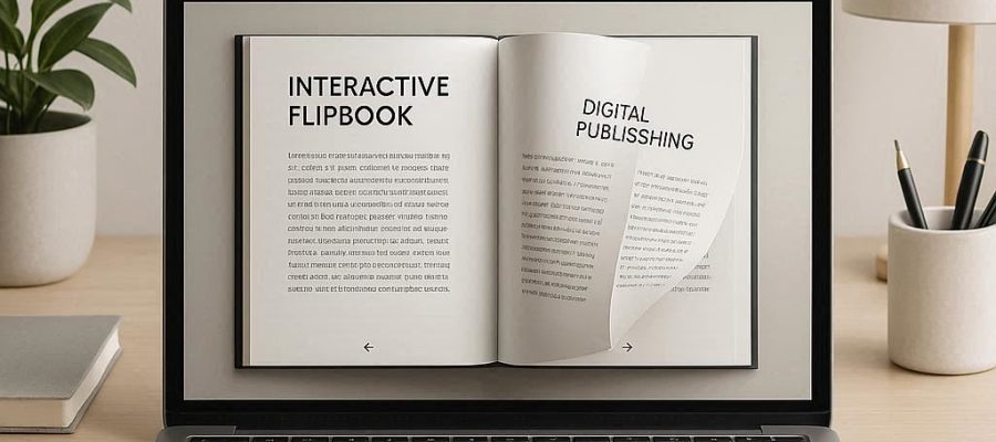 Visualização do flipbook com efeito de folhear página na tela do notebook