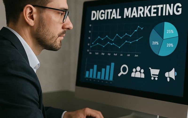 Profissional de marketing digital analisando gráficos digitais em tempo real
