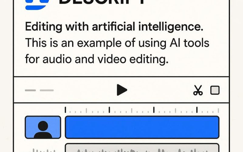 Interface do Descript edição mostrando timeline simplificada de áudio e vídeo