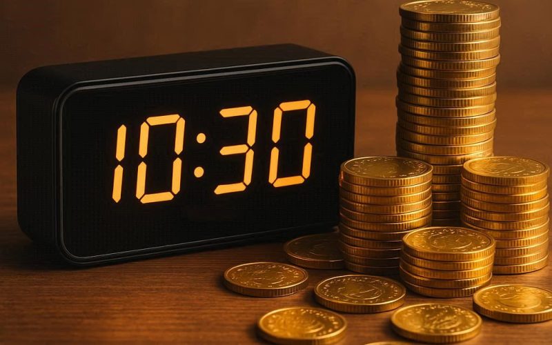 Relógio digital cercado por moedas